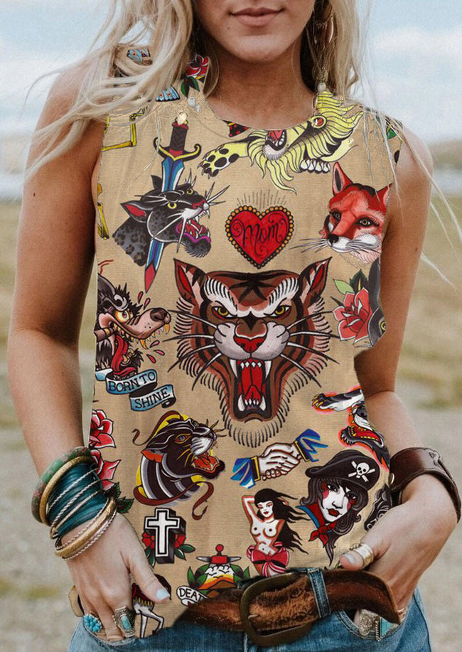 Women's Vintage Tiger Tattoo Printed Tank Top