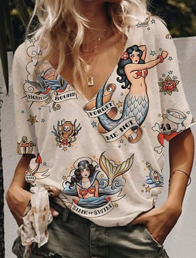 Women's Vintage Mermaid  V-Neck Drop Shoulder T-Shirt