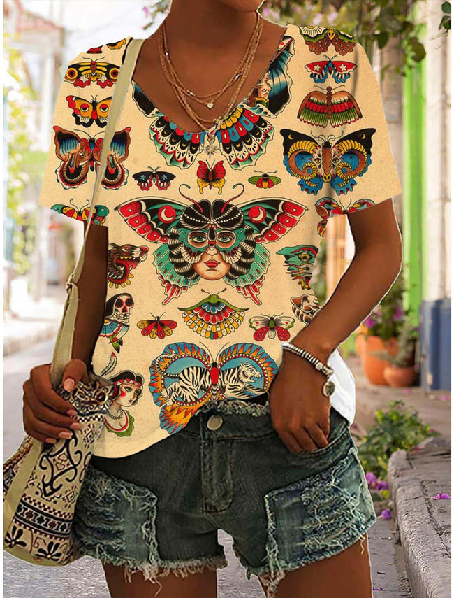 Vintage Butterfly Tattoo Printed T-Shirt Blouse