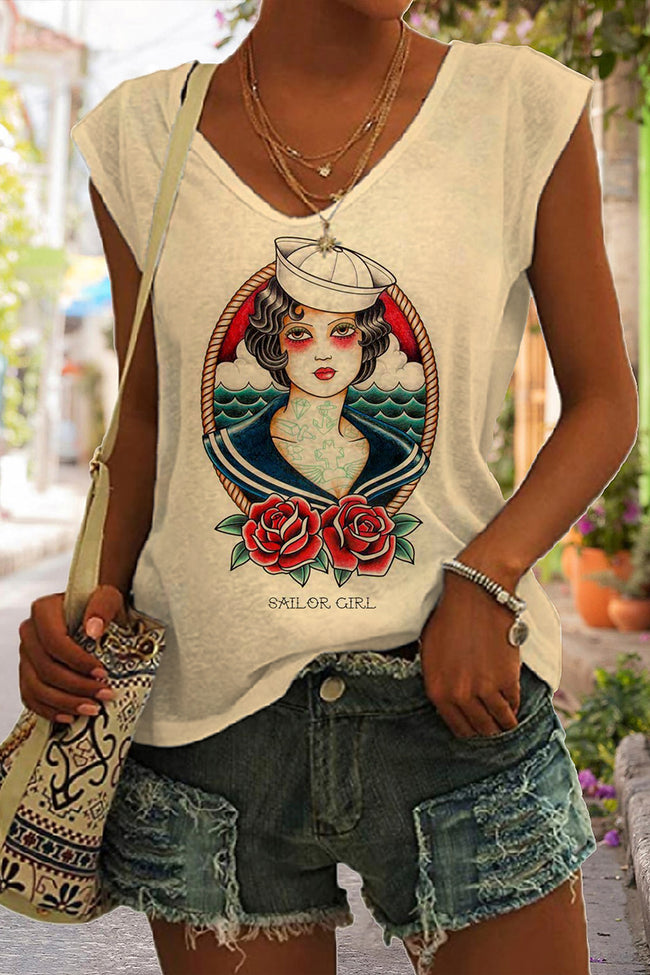 Women's Vintage Sailor GIrl Print Sleeveless Tank Top