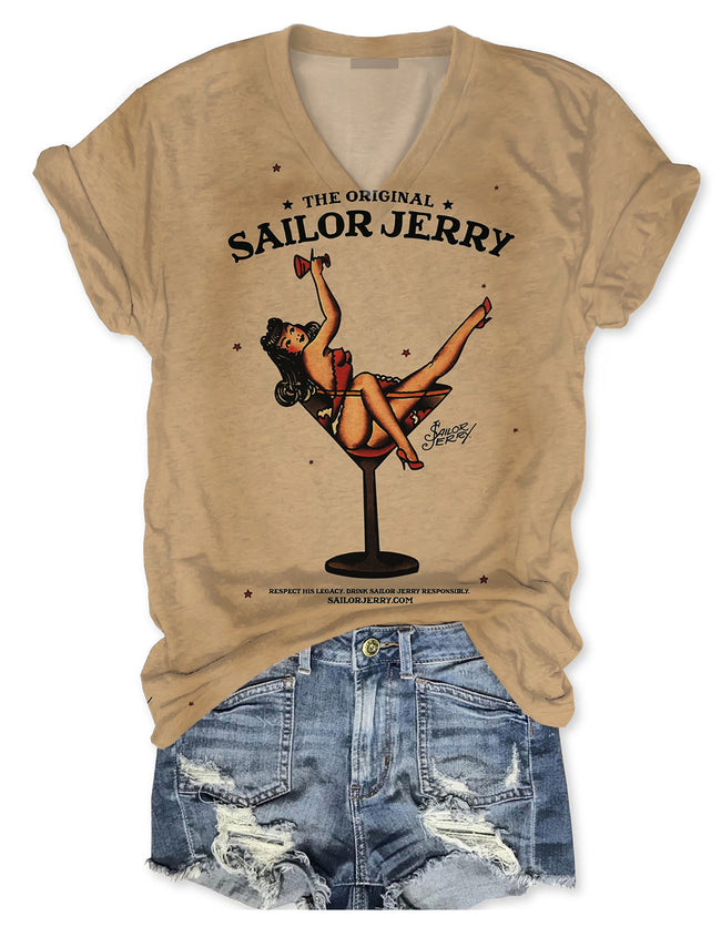 Women's Vintage Sailor Jerry Tattoo Print V Neck Short Sleeve T-Shirt