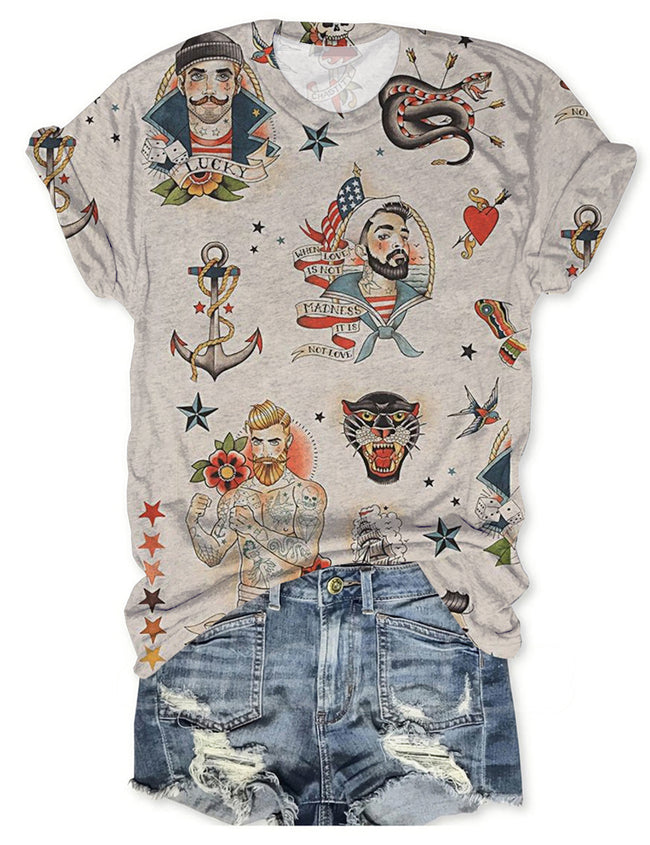 Women's Vintage Sailor Tattoo Printed T-Shirt