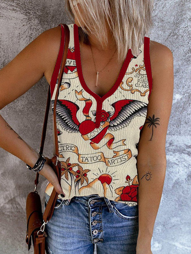 Women's Love Herat Print Ribbed Button V Neck Tank Top