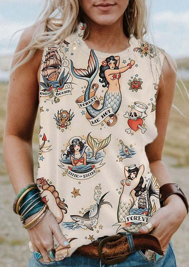 Vintage Mermaid Tattoo Print Tank Top