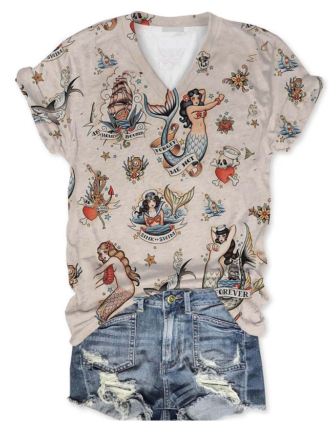 Women's Vintage Mermaid Print V Neck Short Sleeve T-Shirt