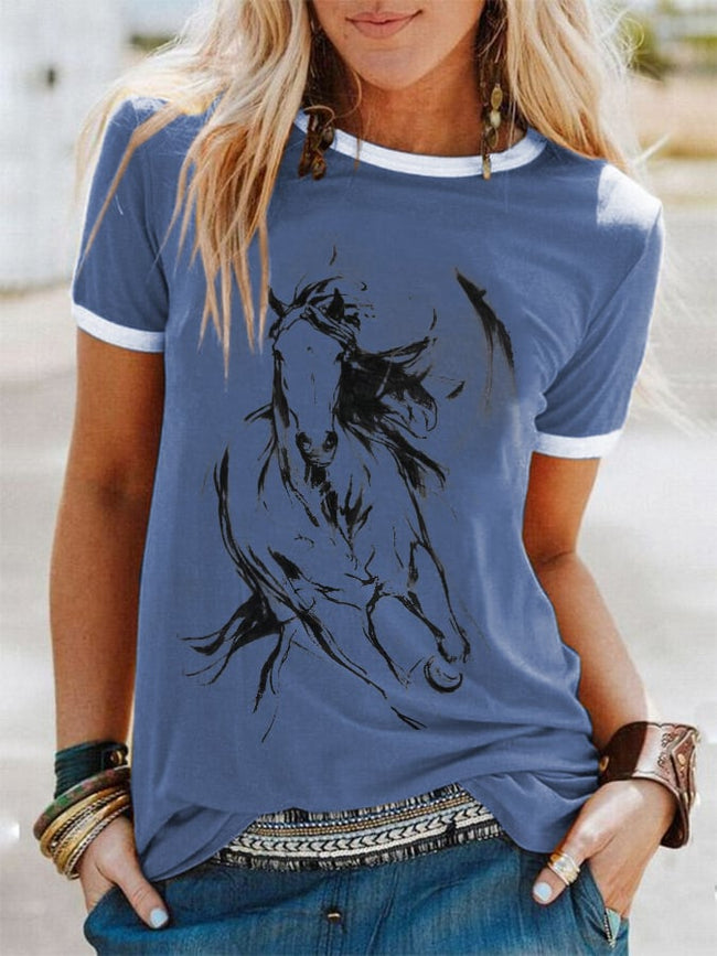 Round Neck Retro Western Horse Print T-Shirt