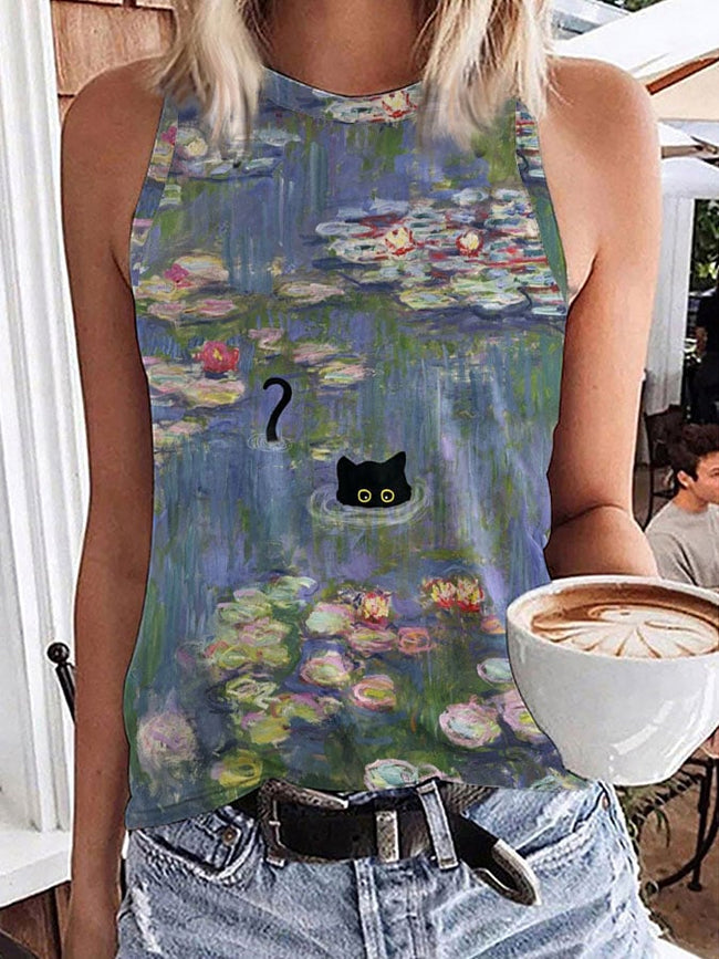 Women's Monet Waterlilies and Black cat Casual Vest