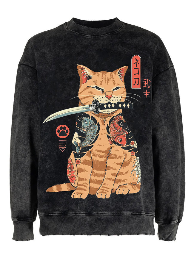 Japanese Samurai Cat Koi Vintage Distressed Sweatshirt