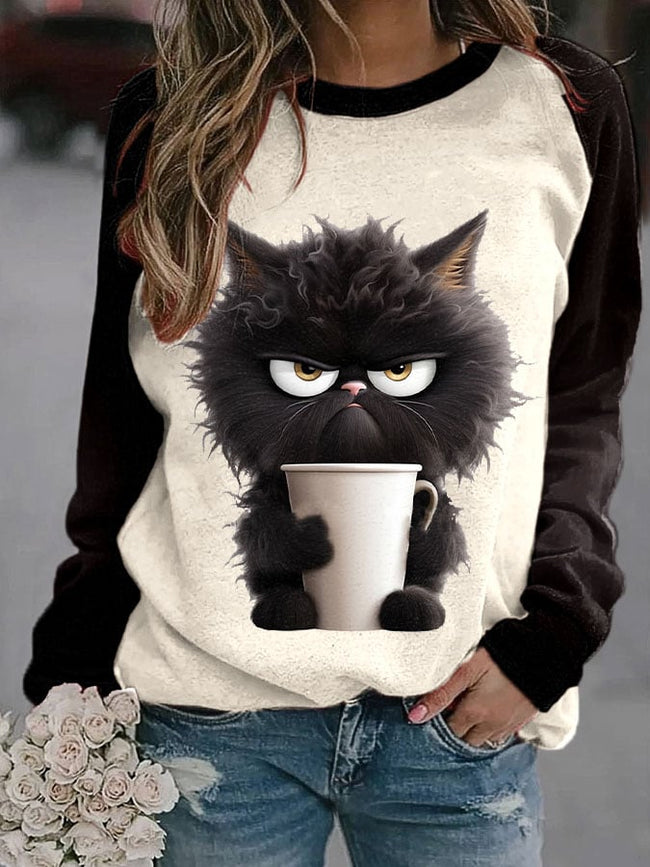 Women's Winter Funny Cute Wonderland Clothing Cat Clipart Print Sweatshirt