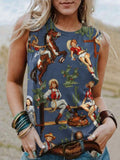 Women's Western Vintage Pattern Printed Round Neck Sleeveless T-Shirt