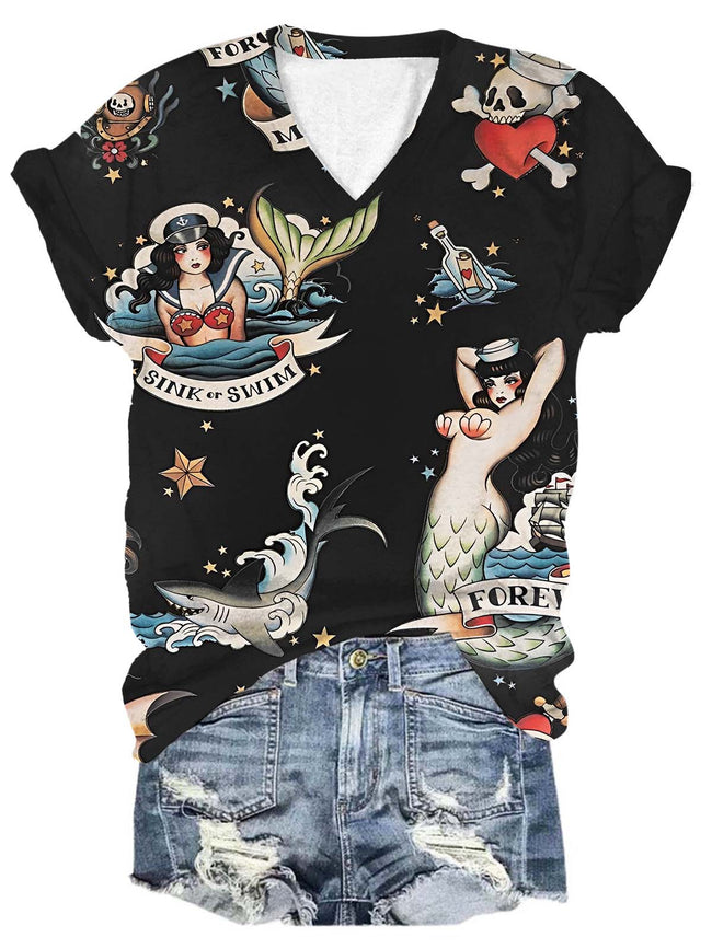 Mermaid Girl Print V Neck Short Sleeve T-Shirt