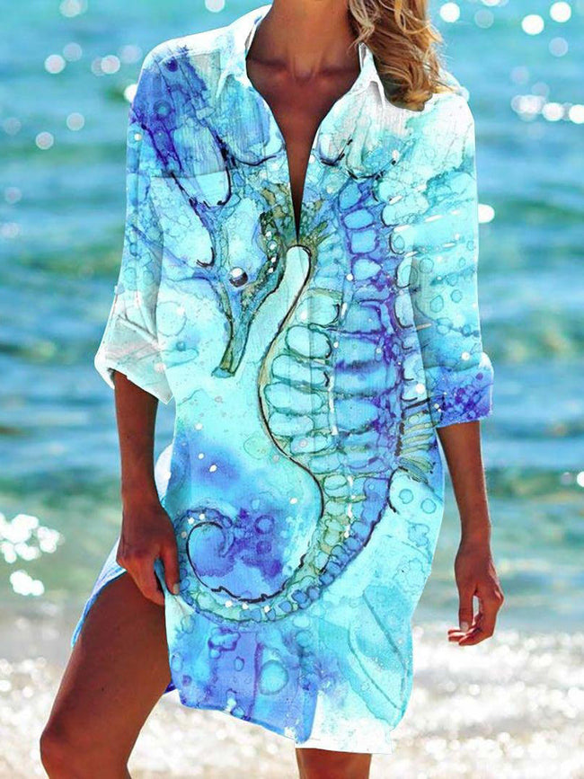 Seahorse Print Holiday Shirt Dress