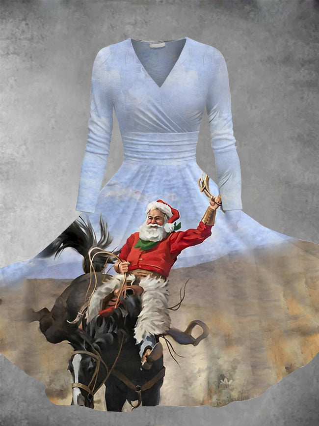 Western Santa Claus Print Long Sleeve Maxi Dress