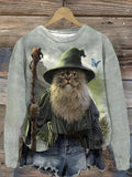 Unisex Loose Wizard Cat Print T-Shirt