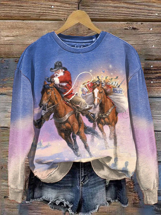 Women's Christmas Western Santa Claus Print Sweatshirt