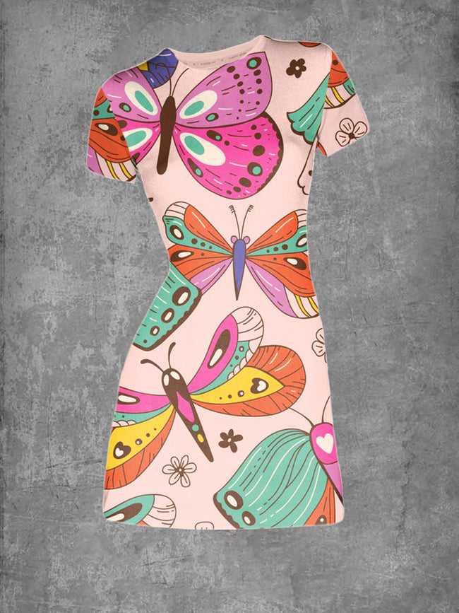 Vintage Elegant Round Neck Pink Butterfly Print T-Shirt Dress