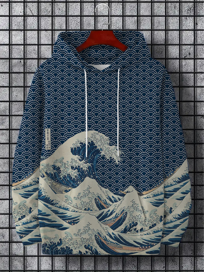 Japanese Art Waves Print Long Sleeve Hoodie