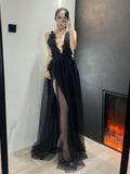 Gothic Dark Embroidered Spaghetti See Through Mesh Maxi Wedding Dress