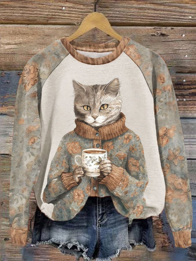 Women's Winter Funny Cute Wonderland Clothing Floral Cat Printed Sweatshirt