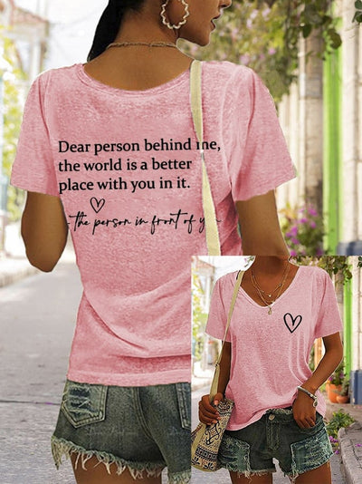Women's Faith Dear Person Behind Me Cross Print V Neck T-Shirt