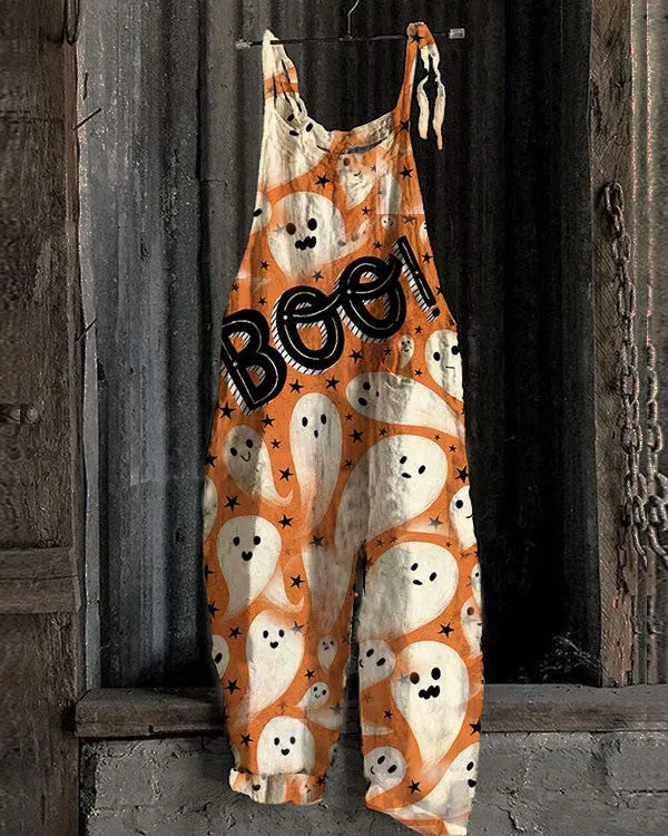 Women's Halloween Orange Retro Stay Spooky Print Jumpsuit