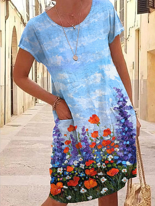 Women's Oil Painting Floral Print Cotton Linen Dress