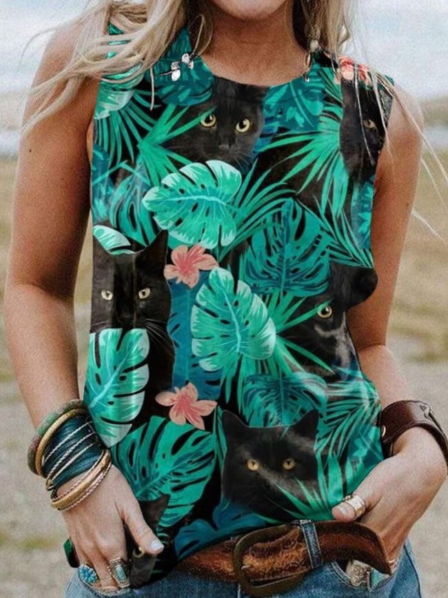 Women's Round Neck Retro Tropical Plants And Black Cat Print Sleeveless Tank Top