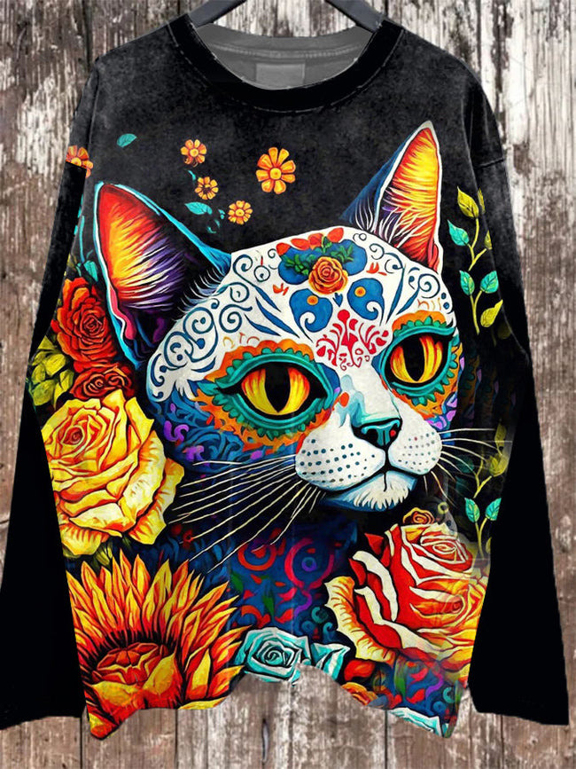 Halloween Cat Print Sweatshirt