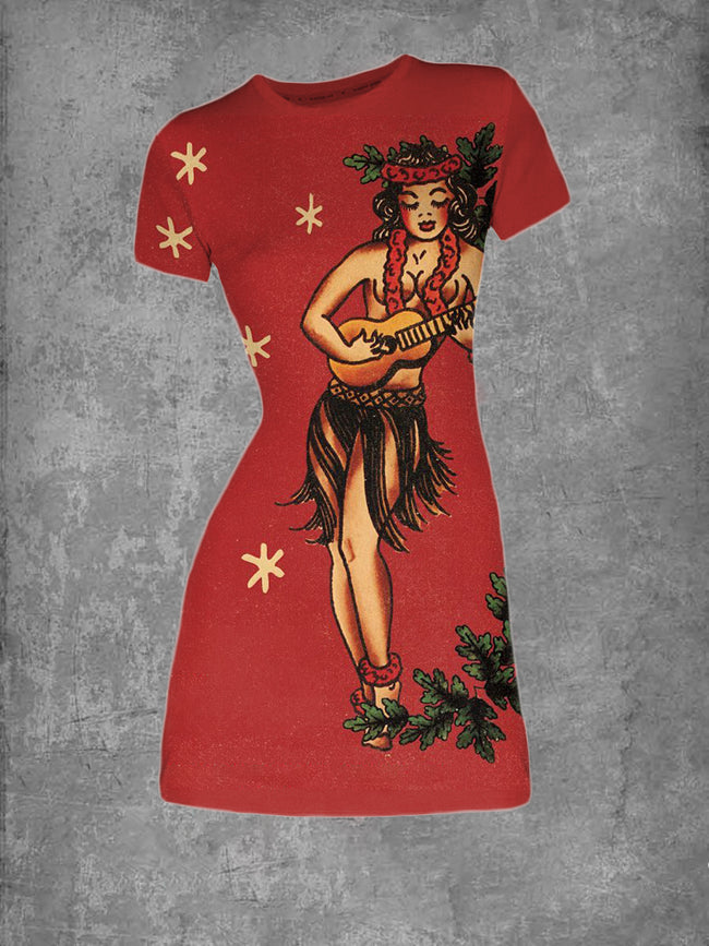 Vintage Girl Print Graphic Crew Neck T-Shirt Dress