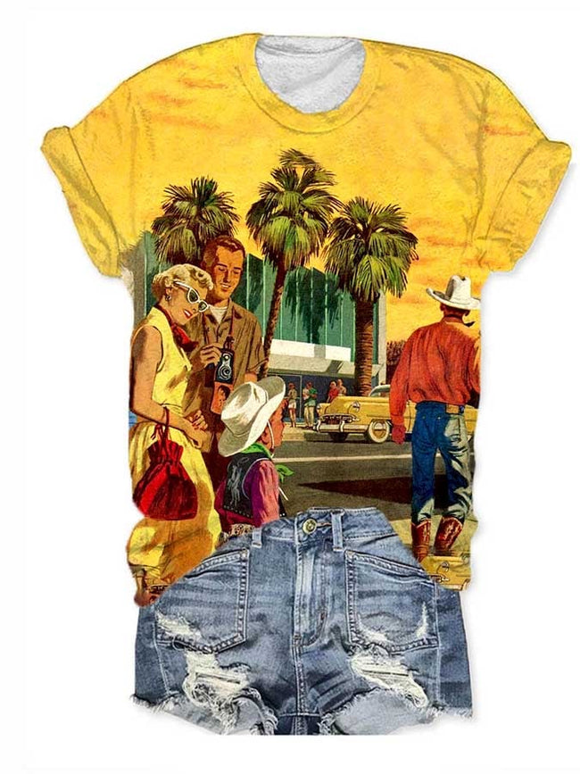 Western Vintage Crew Neck Print T-Shirt