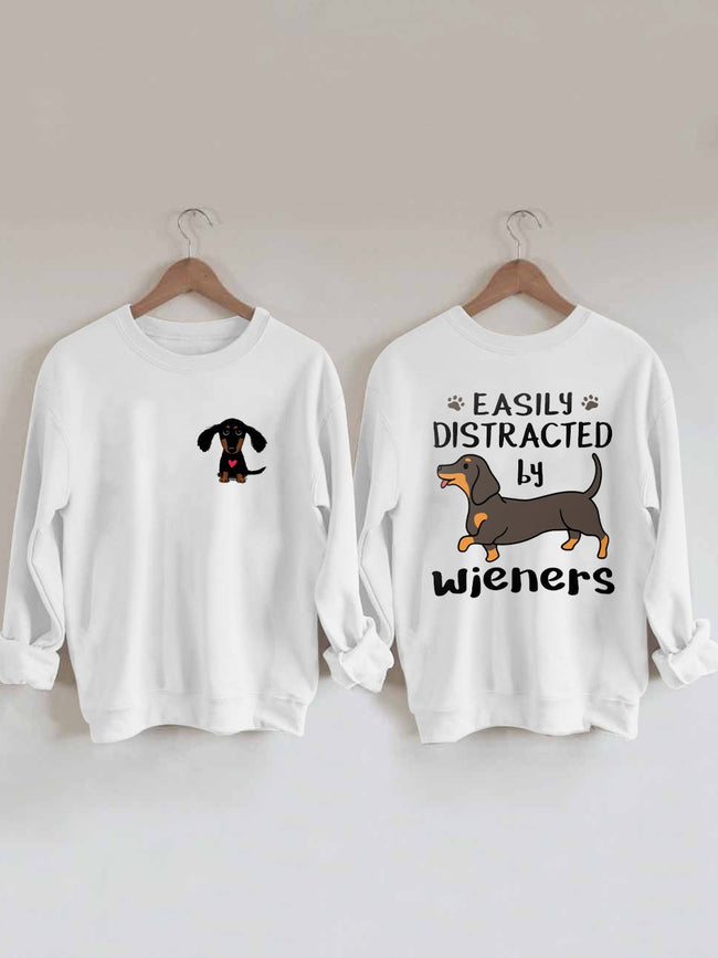 Women'S Easily Distracted By Wieners Print Long Sleeve Crew Neck Sweatshirt