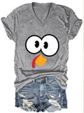 Women's Thanksgiving Funny Turkey Expression Print V-Neck T-Shirt