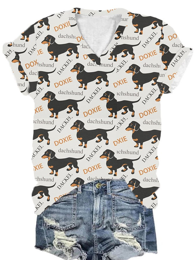 Women's Dog Print V-Neck T-Shirt
