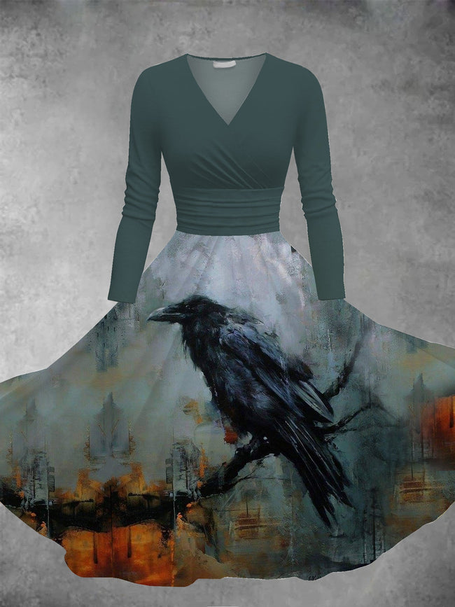 Women's Halloween Crows Print Long Sleeve Maxi Dress