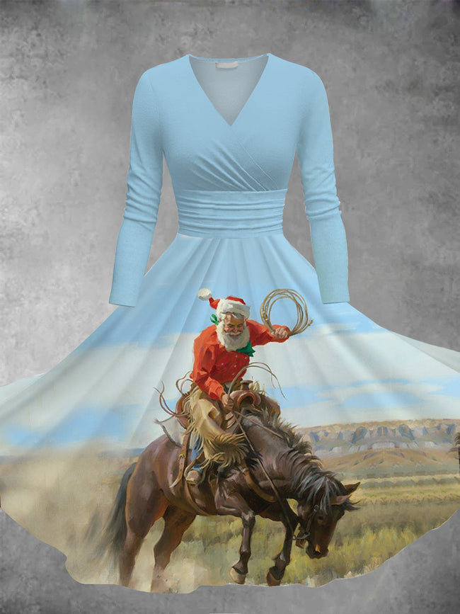 Christmas Western Santa Claus Print Long Sleeve Maxi Dress