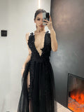 Gothic Dark Embroidered Spaghetti See Through Mesh Maxi Wedding Dress