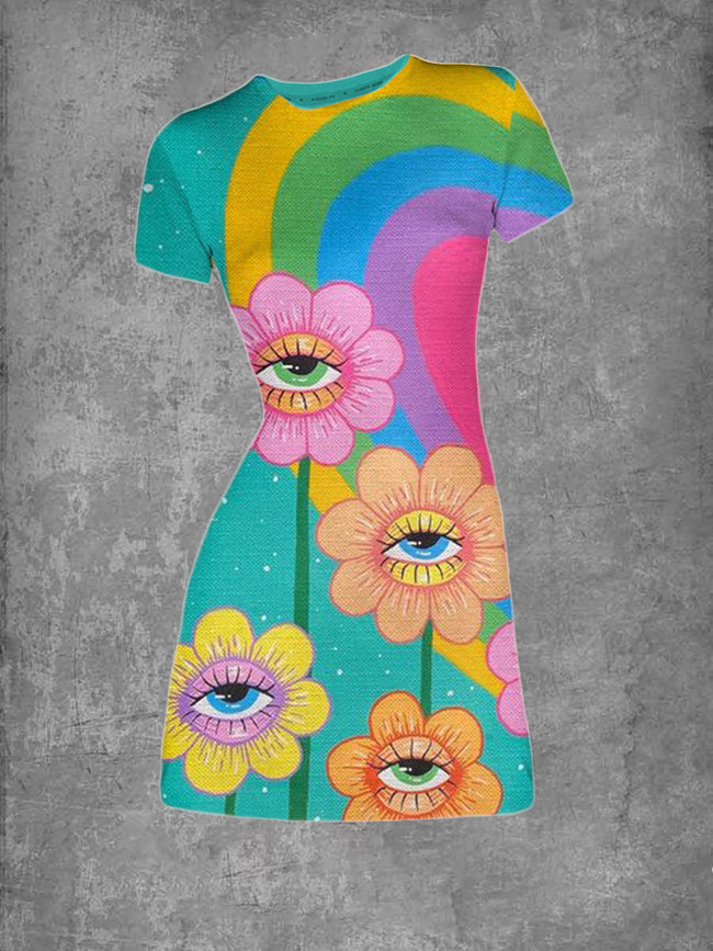 Vintage Round Neck Love Flower Print T-Shirt Dress