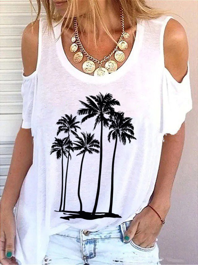 Women's Coconut Tree Print Off Shoulder Short Sleeve T-Shirt