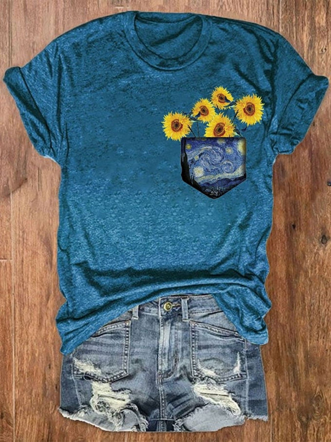Women's Funny Van Gogh Sunflower Pocket Print T-Shirt