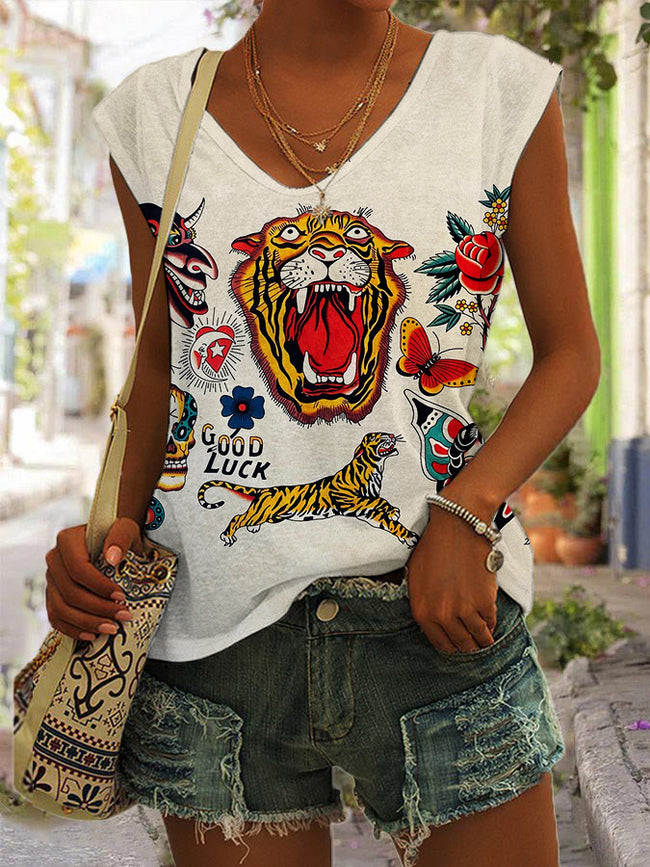 Women's Vintage Tiger Tattoo Print Sleeveless Tank Top