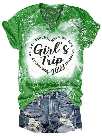 Girls Travel 2023 Tie-dye Print V Neck T-Shirt