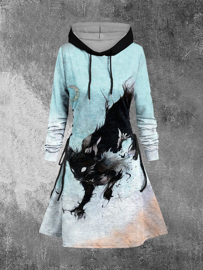 Halloween Cat Print Long Sleeve Hooded Dress