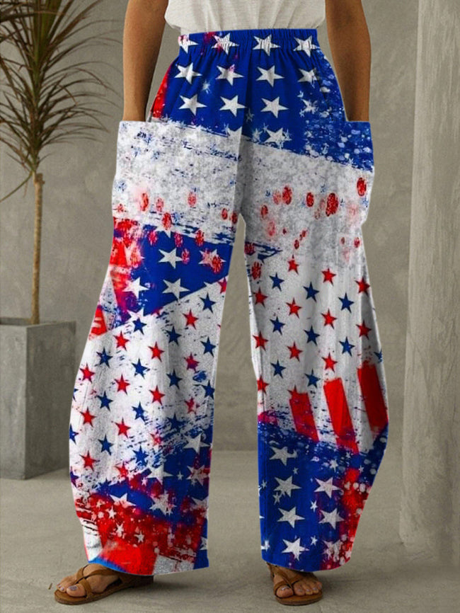 Red Blue White Star Stripe Print Casual Pants
