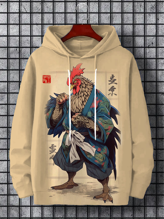 Japan Fun Cock Samurai Print Splice Hoodie