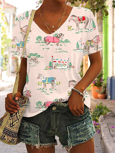 Women's Cartoon Horse Printed V-Neck T-Shirt