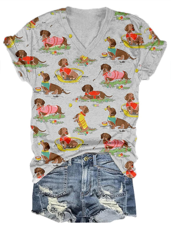 😂Easily Distracted By Dachshund 😂Dog Pet Print Casual V-Neck T-Shirt