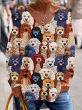 Women's Christmas Gift Cute Dog Print Casual V-neck Sweatshirt