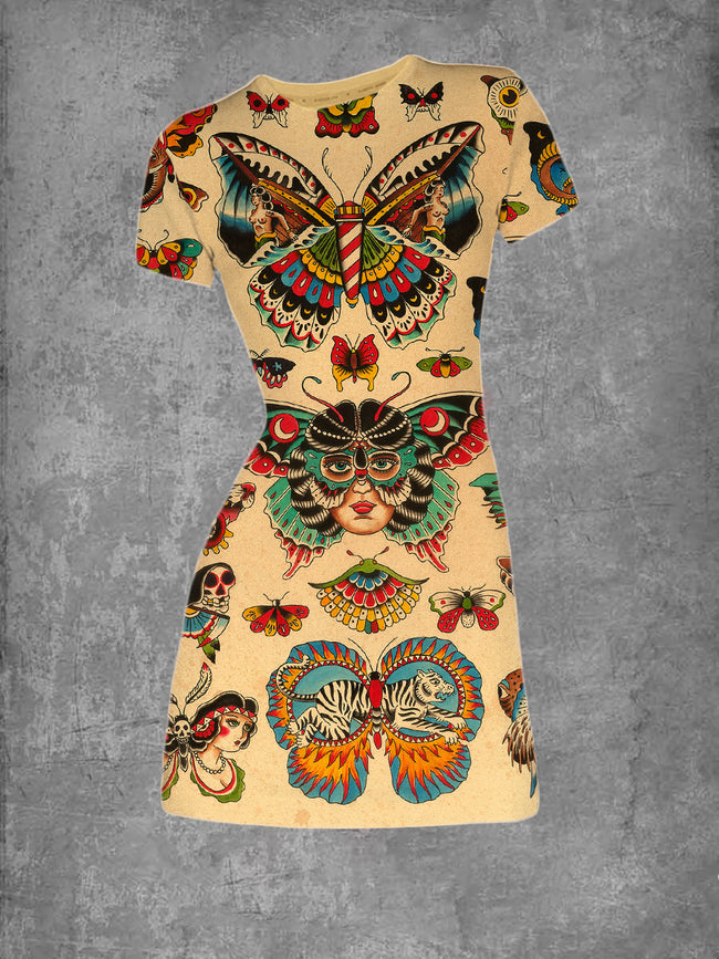 Vintage Butterfly Print Graphic Crew Neck T-Shirt Dress