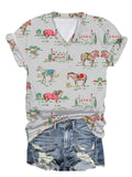 Women's Cartoon Horse Printed V-Neck T-Shirt