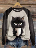 Women's Winter Funny Cute Wonderland Clothing Clipart Cat Coffee Printed Sweatshirt